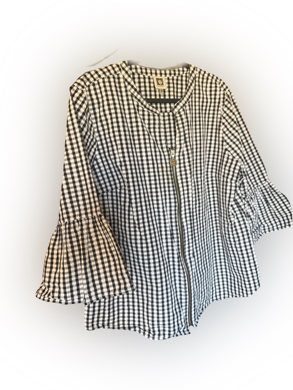 Gingham Zip-Front Bell Sleeve Bomber Jacket - Black & White